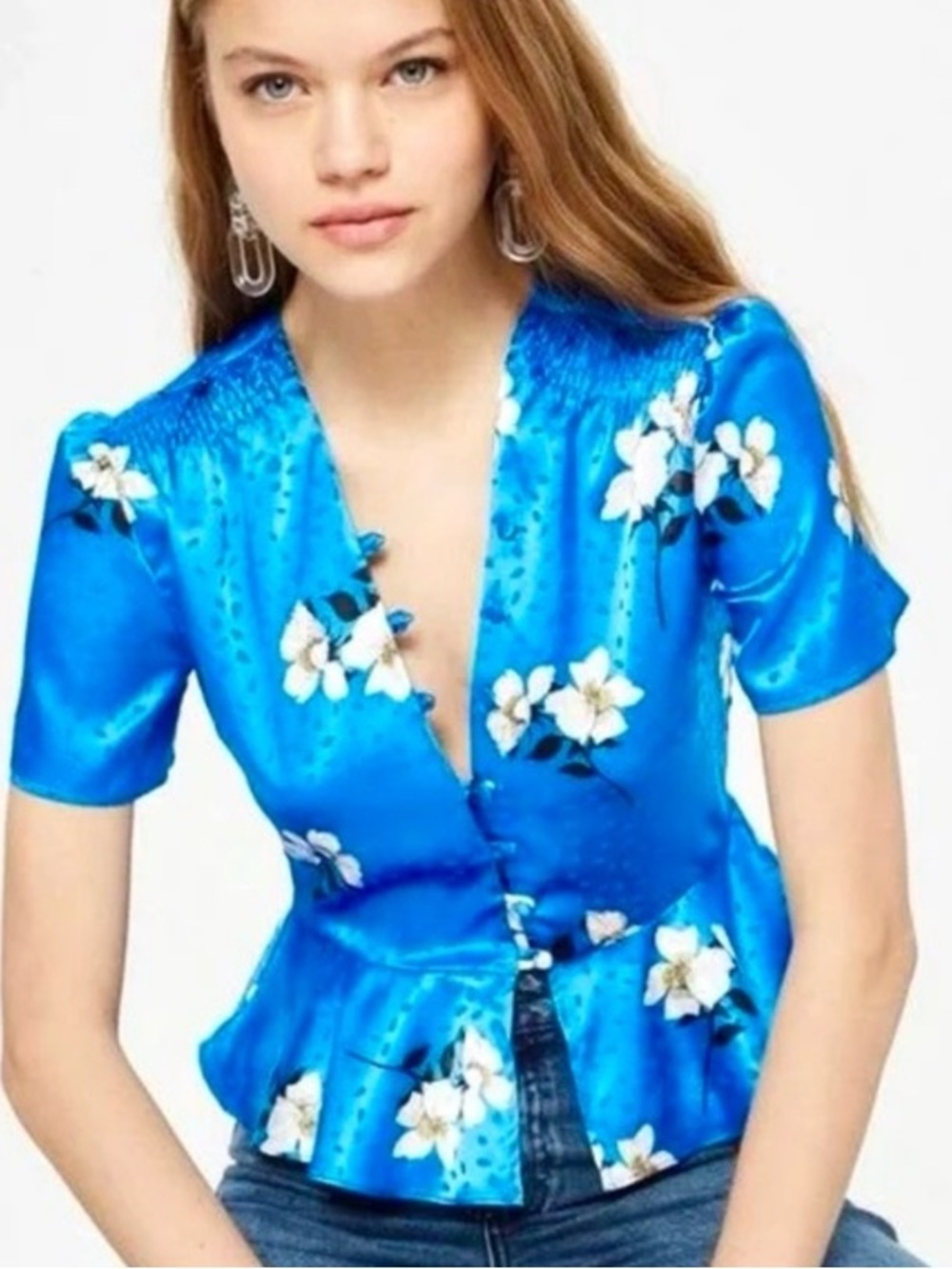 Topshop Vibrant Blue Floral Peplum Button Blouse
